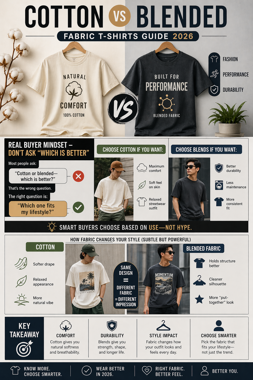 cotton vs blended fabric T-shirt outfit comparison casual vs structured look