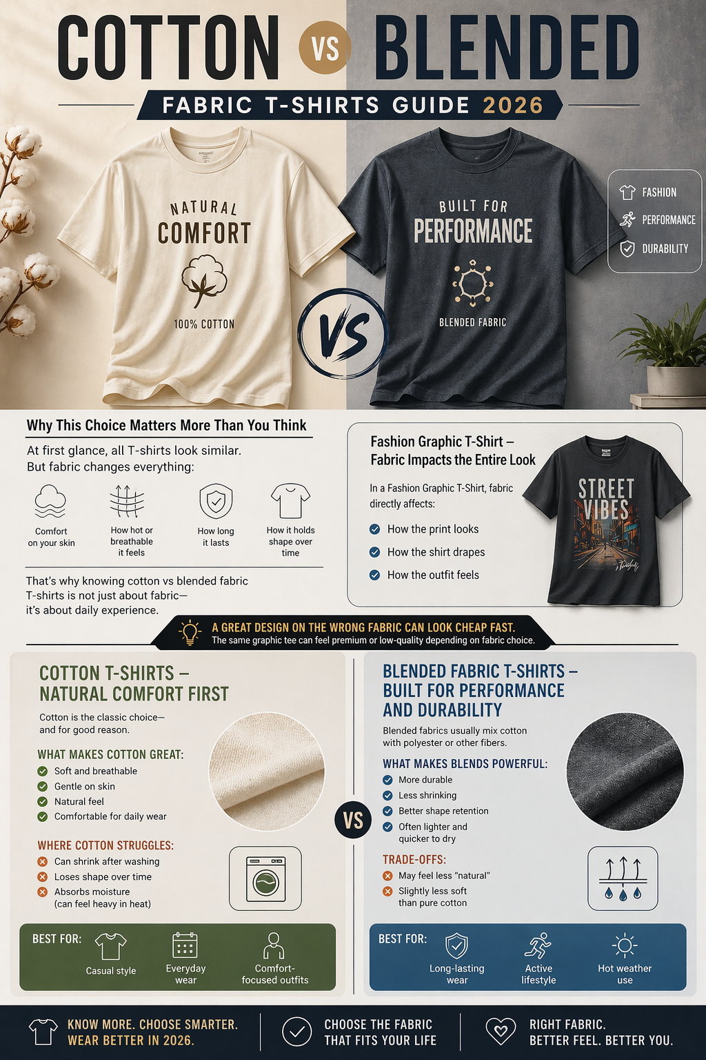 cotton vs polyester blend T-shirt durability and stretch comparison