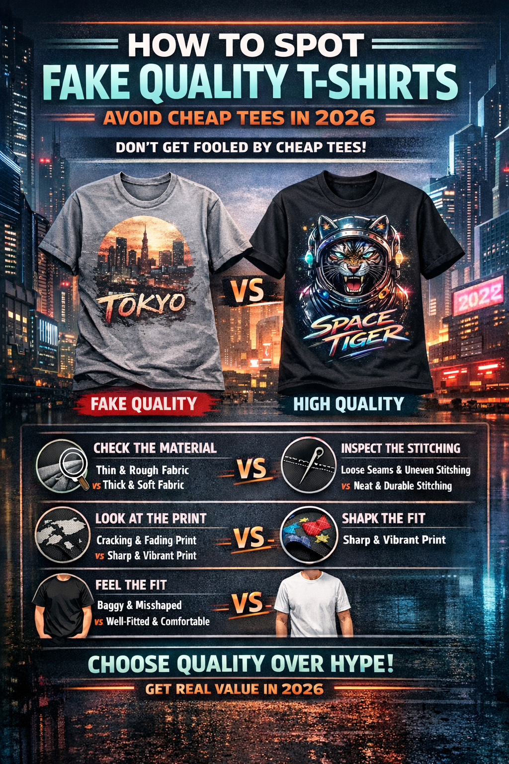how to spot fake quality T-shirts fabric and stitching comparison