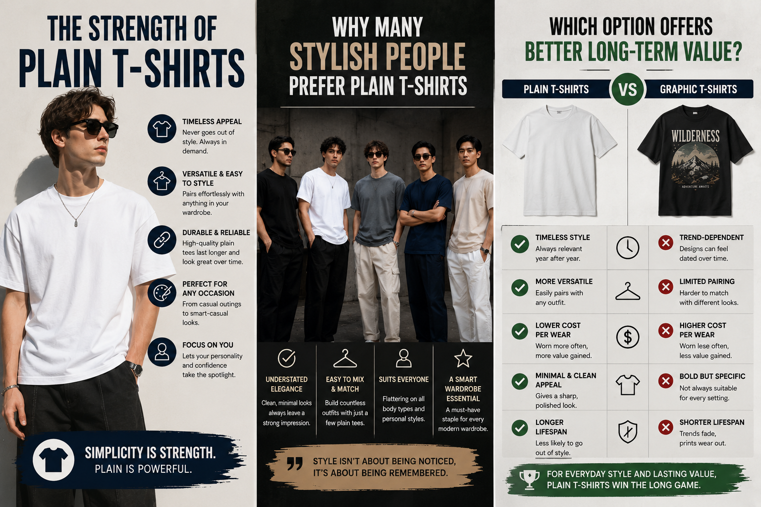plain T-shirt minimalist outfit versus graphic tee streetwear look